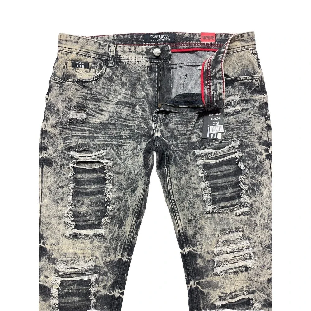 Contender Premium Men's Slim Straight Leg Patched Distressed Jeans Size 40x34